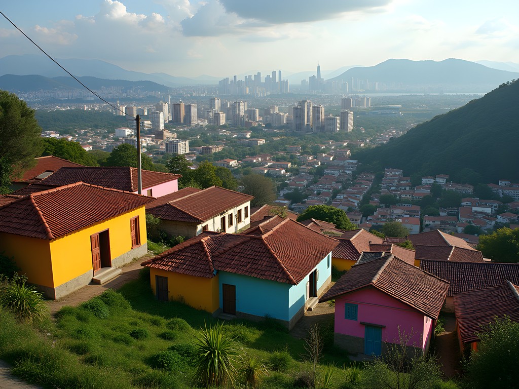 Panoramic view of Lambaré neighborhood with traditional homes and Asunción skyline in distance