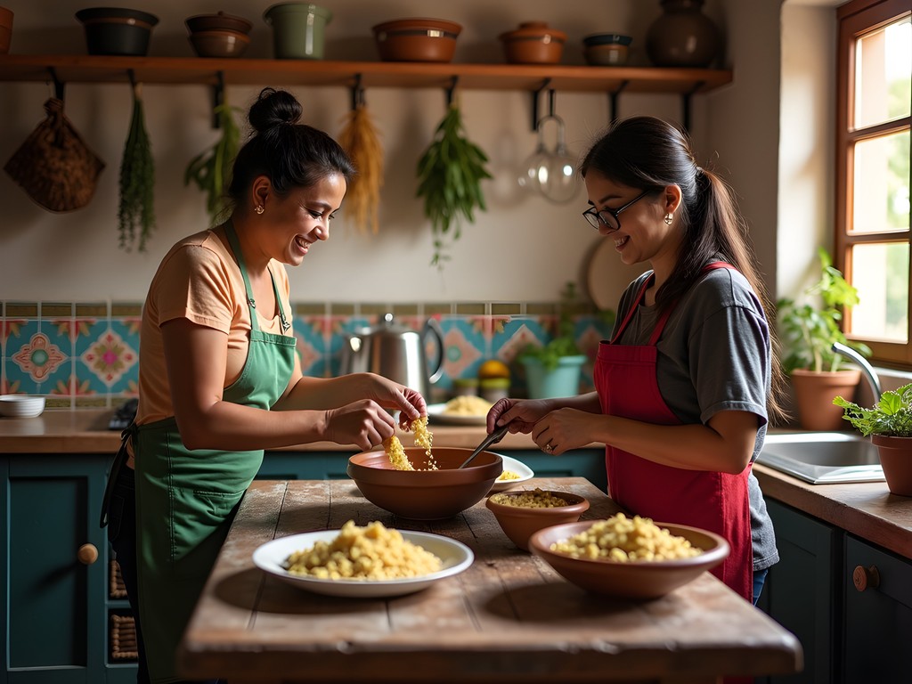 Couple learning to make traditional Paraguayan sopa paraguaya in home kitchen in Lambaré