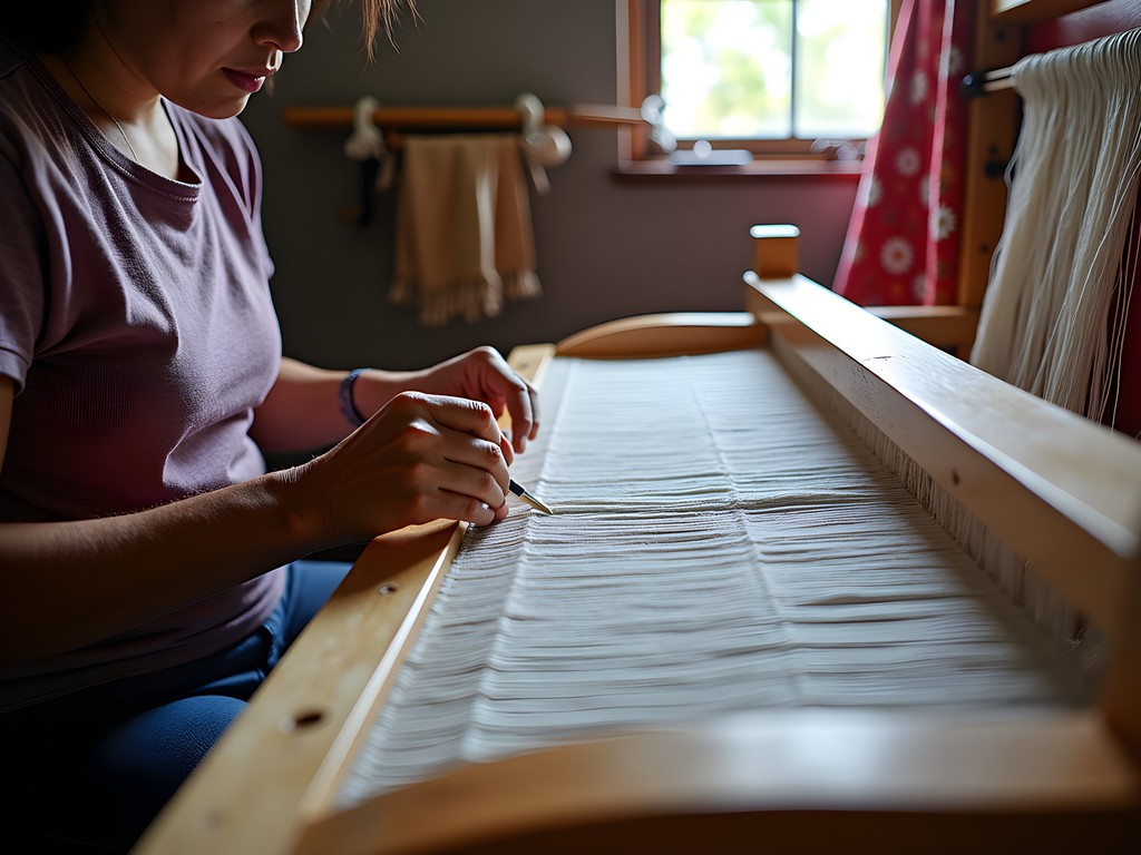 Artisan demonstrating traditional ao po'i textile weaving in Lambaré workshop