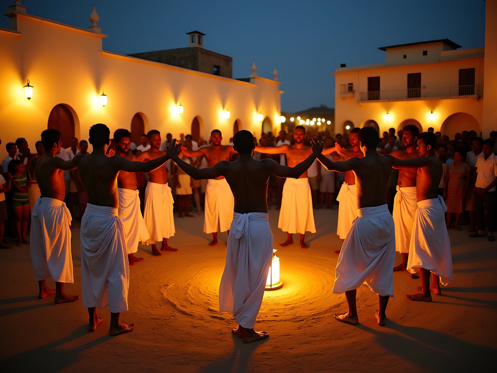Traditional dancers performing during Maulidi Festival in Lamu with crowds watching