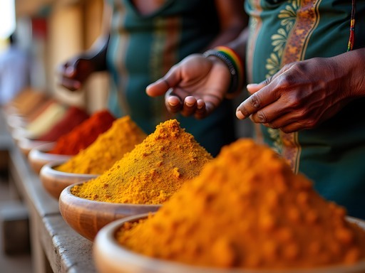 Colorful display of traditional spices at Lamu market with vendor explaining medicinal properties