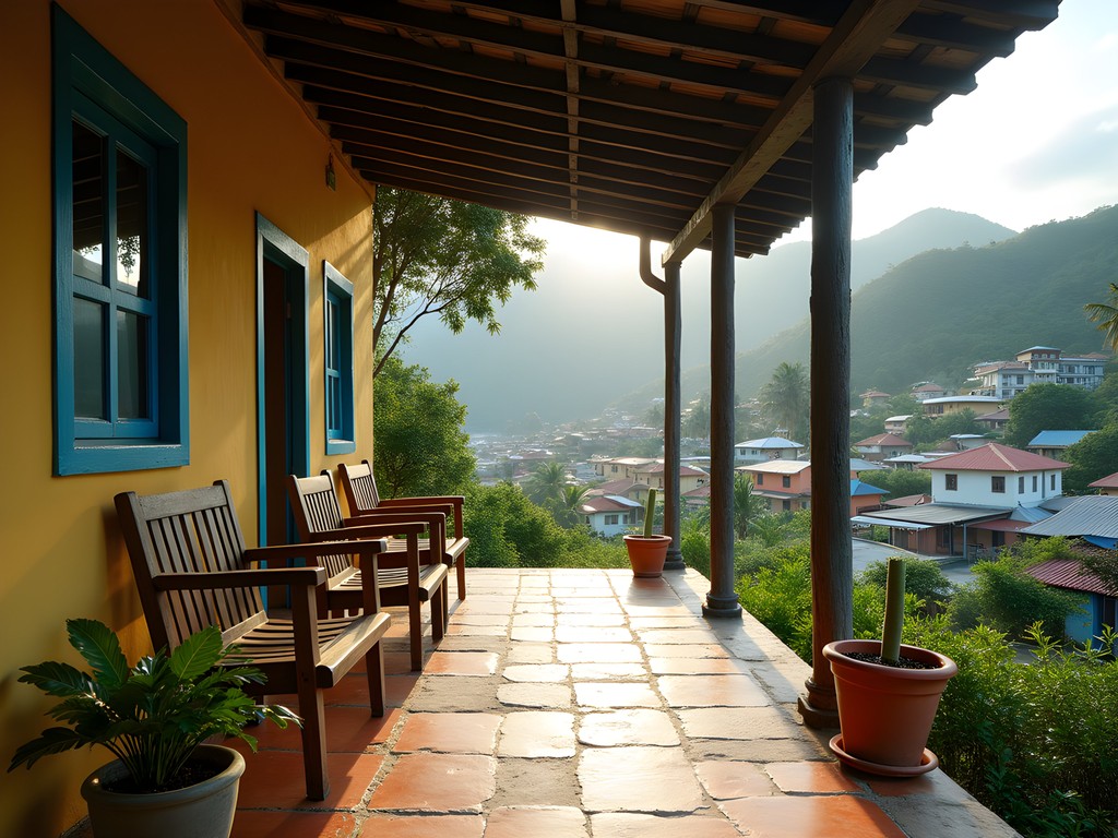 Morning view from a local homestay in Liberta, Antigua showing village rooftops and distant hills
