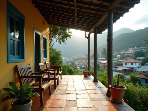 Morning view from a local homestay in Liberta, Antigua showing village rooftops and distant hills