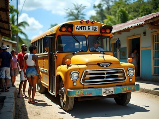 Local minibus transportation in Antigua with passengers boarding in Liberta village