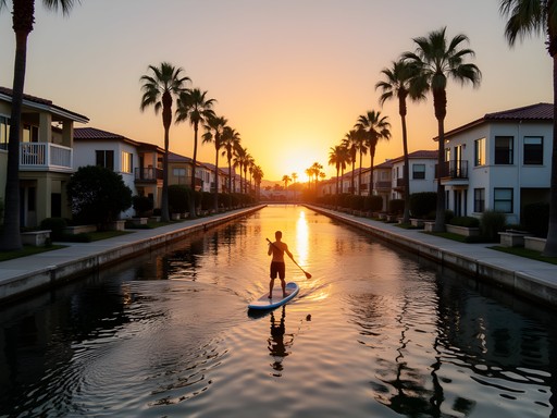 Person paddleboarding through the scenic canals of Naples Island in Long Beach