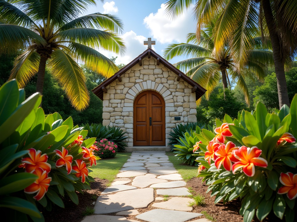 Historic limestone chapel at Garden of the Groves with tropical flowers and palms surrounding it