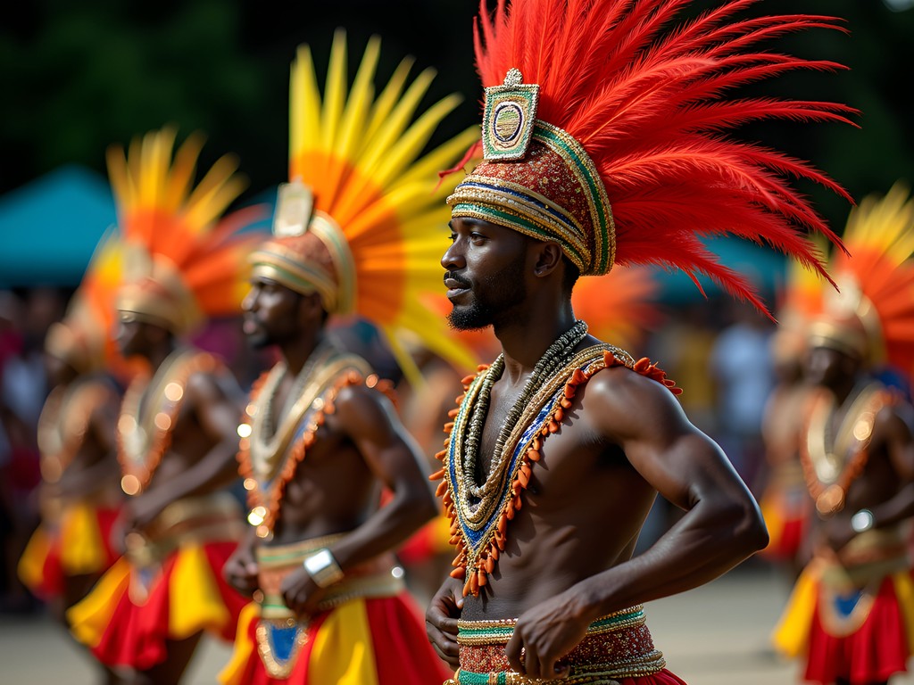 Colorful Junkanoo performers in elaborate costumes dancing in Lucaya