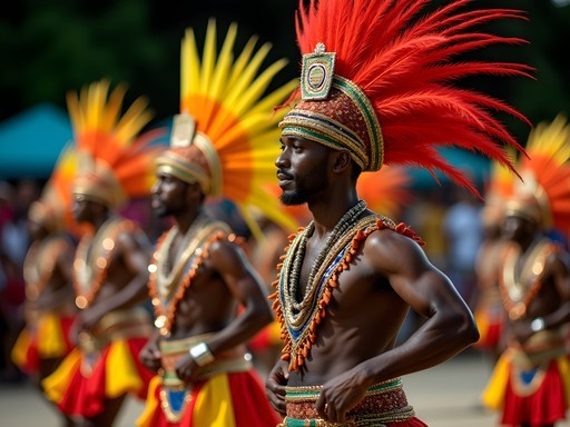 Colorful Junkanoo performers in elaborate costumes dancing in Lucaya