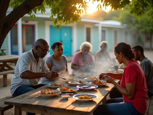 Local community fish fry gathering in Pinder's Point with residents sharing food and stories