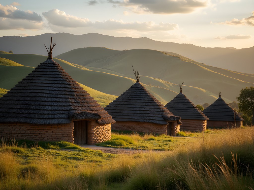 Traditional Swazi homestead with beehive huts against rolling hills of Manzini region