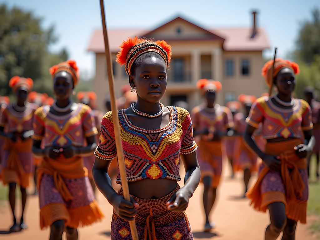 Young women in traditional attire carrying reeds during Umhlanga ceremony in Eswatini