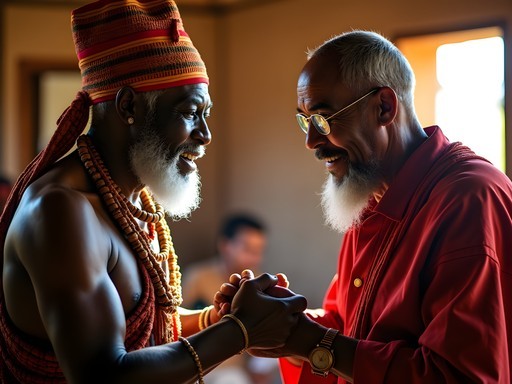 Traditional greeting exchange between visitor and Swazi elder in rural homestead