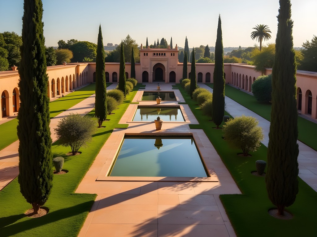 Geometric patterns in the garden layout of Bahia Palace with autumn foliage and precise mathematical proportions