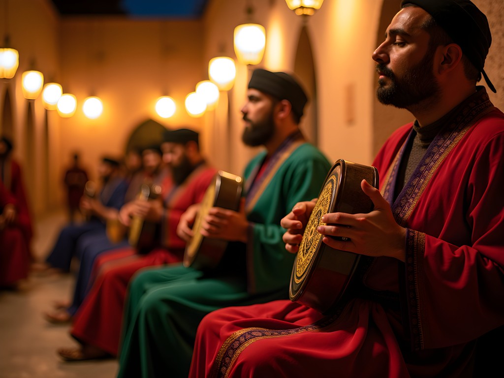 Gnawa musicians performing traditional polyrhythmic patterns in Marrakech with mathematical precision