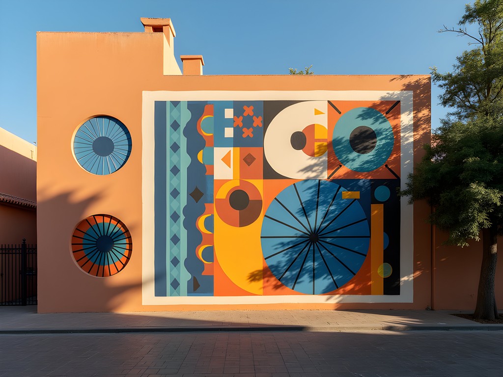 Contemporary geometric street art in Gueliz district of Marrakech showing mathematical patterns