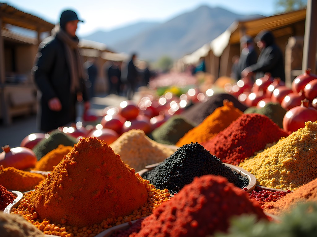 Geometric displays of seasonal produce and spices at the Had Ourika Berber market near Marrakech