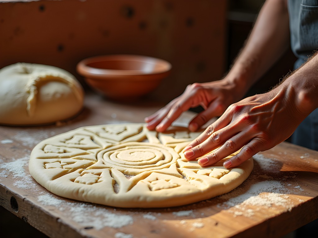 Traditional bread making in Marrakech's Mellah district showing geometric scoring patterns on dough
