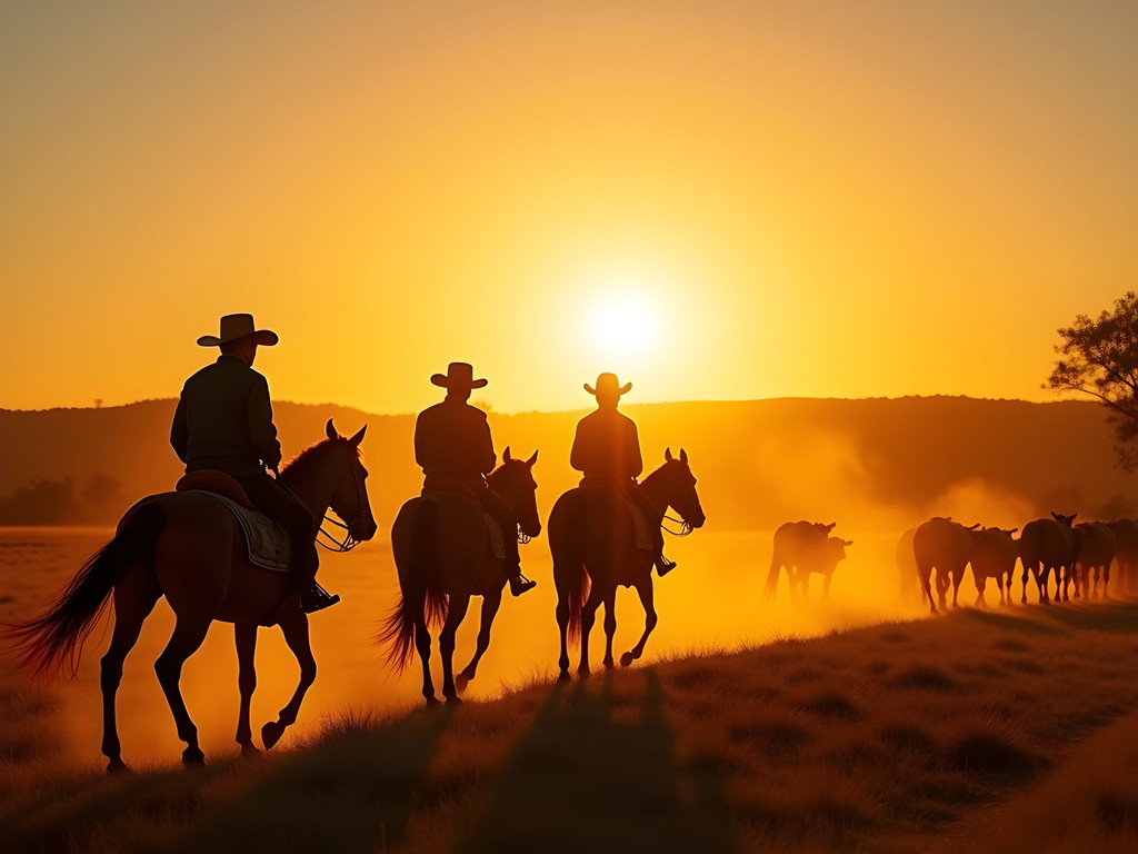 Gauchos returning to estancia at sunset with cattle in Uruguay's countryside near Melo