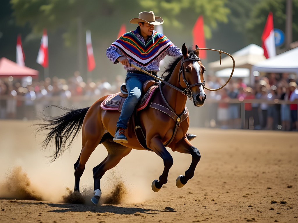 Gaucho demonstrating traditional horsemanship skills during Patria Gaucha festival in Melo, Uruguay