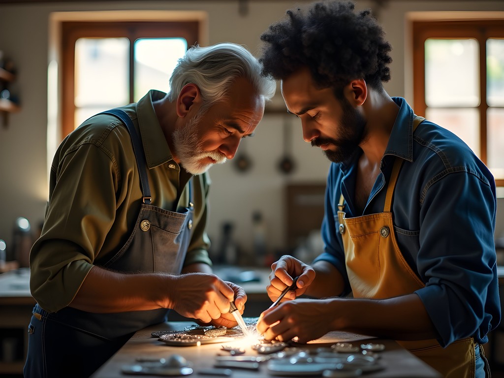 Timothy Jenkins observing traditional silversmith crafting gaucho knife handles in workshop in Melo, Uruguay
