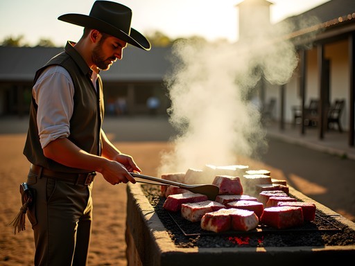 Traditional Uruguayan asado preparation with gaucho preparing meat over open fire