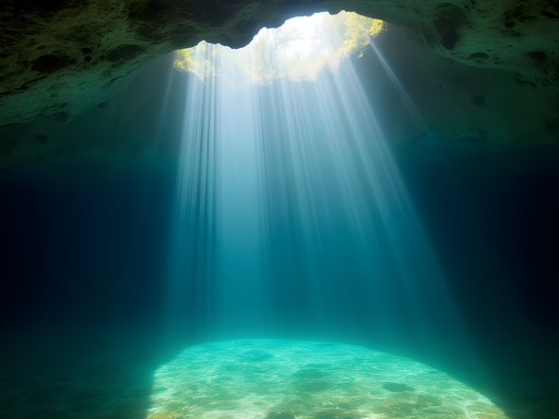 Light beams penetrating water at Cenote San Ignacio near Merida