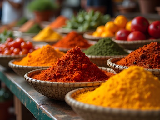 Vibrant display of Yucatecan ingredients and spices at Mercado Lucas de Gálvez in Merida