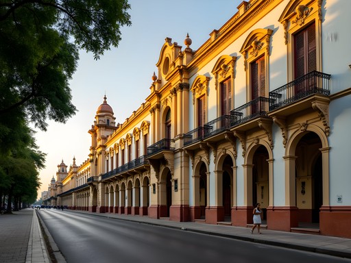 Historic mansions along Paseo de Montejo in Merida at golden hour