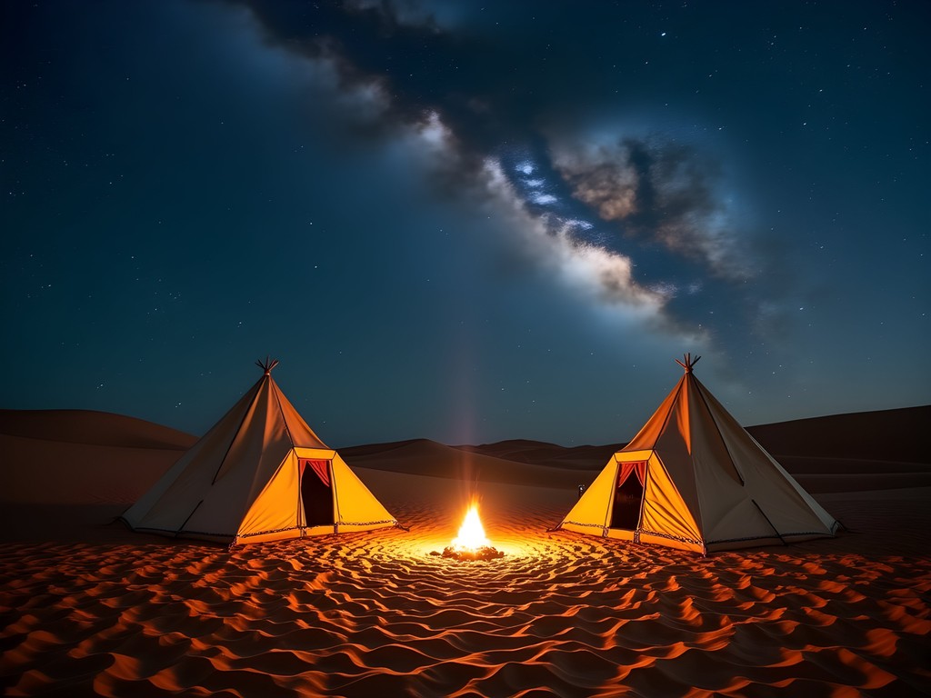 Traditional Berber desert camp under brilliant star-filled night sky in Sahara