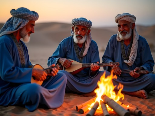 Berber musicians playing traditional instruments around desert campfire