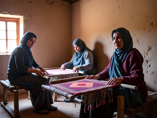 Berber women working at traditional looms in a textile cooperative in Merzouga