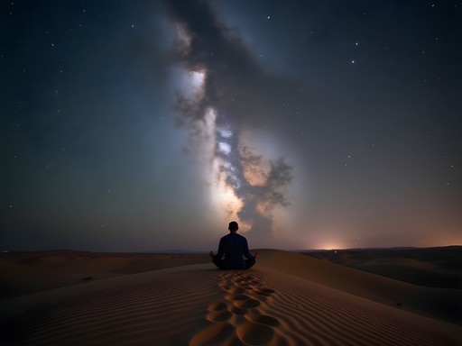 Person silhouetted against brilliant Milky Way galaxy over Sahara sand dunes in Merzouga