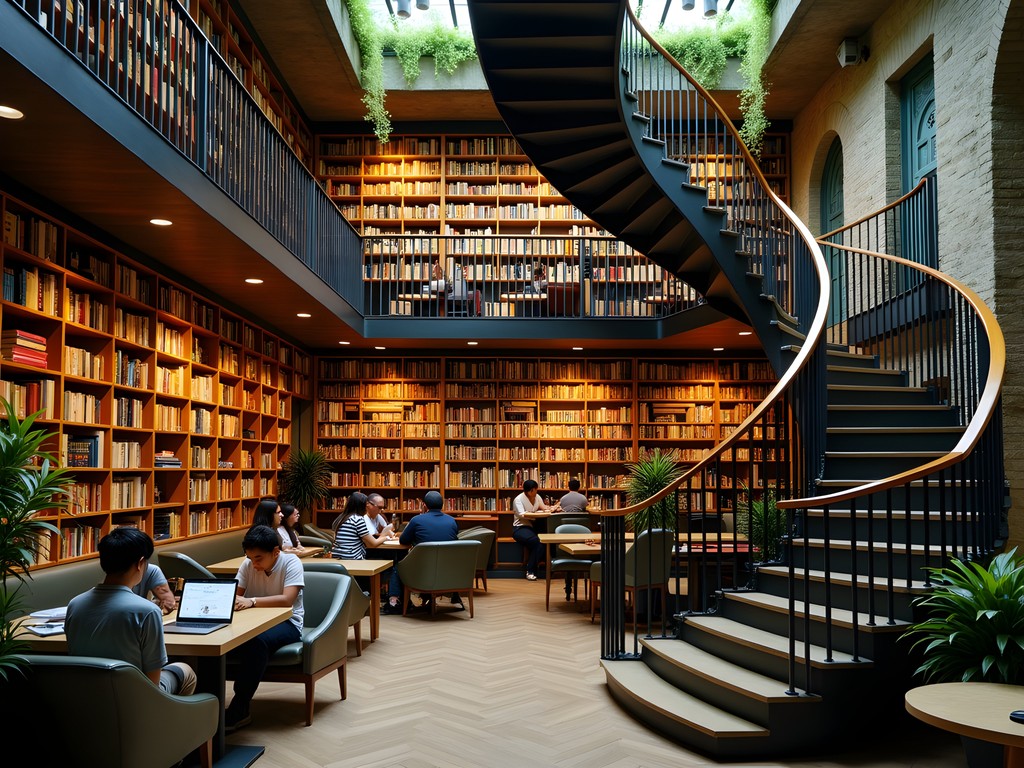 Interior of El Péndulo bookstore café in Mexico City with spiral staircase and hanging plants