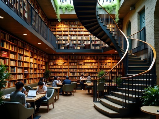 Interior of El Péndulo bookstore café in Mexico City with spiral staircase and hanging plants