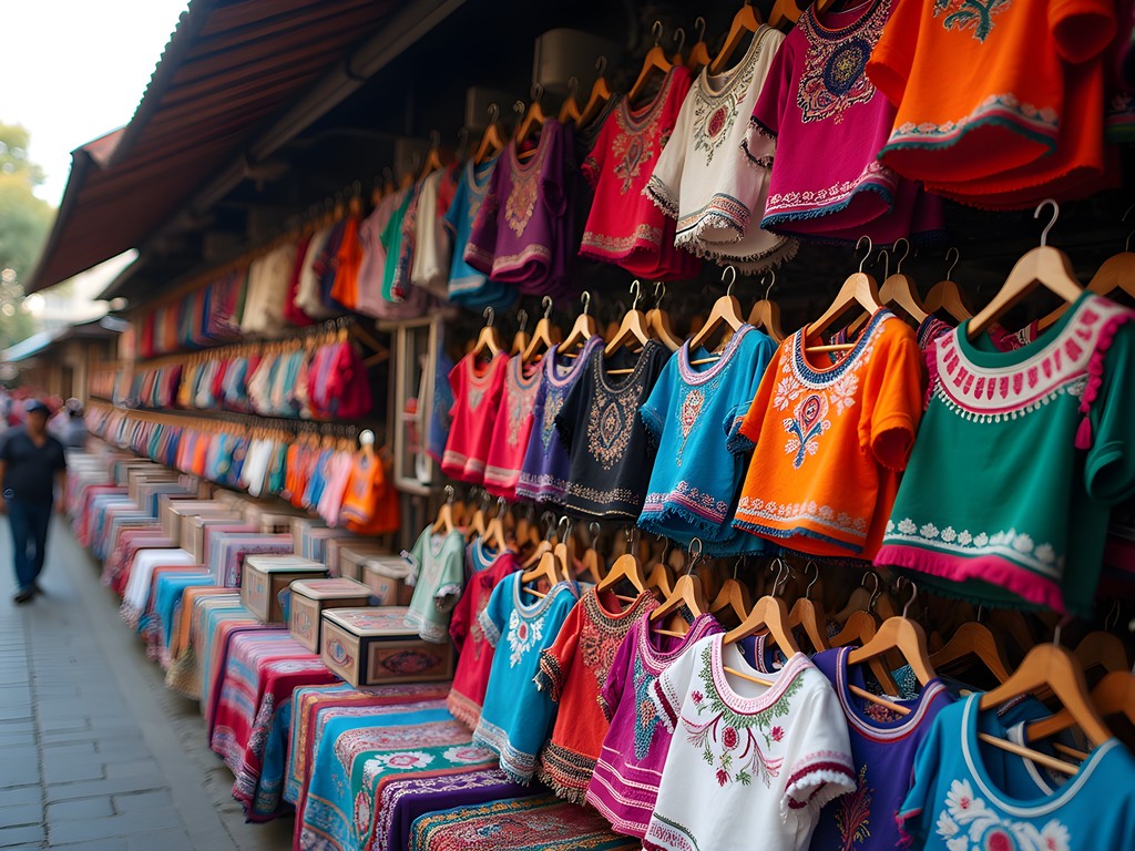 Colorful textiles and crafts at San Ángel Saturday Bazaar in Mexico City