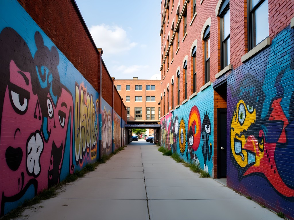 Colorful large-scale murals in Milwaukee's Black Cat Alley outdoor art gallery