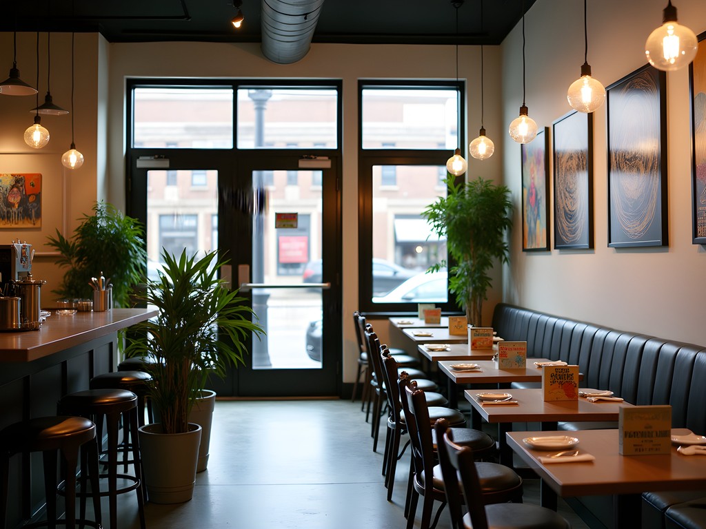 Interior of Strange Town restaurant in Milwaukee showing seasonal menu and local artwork on display