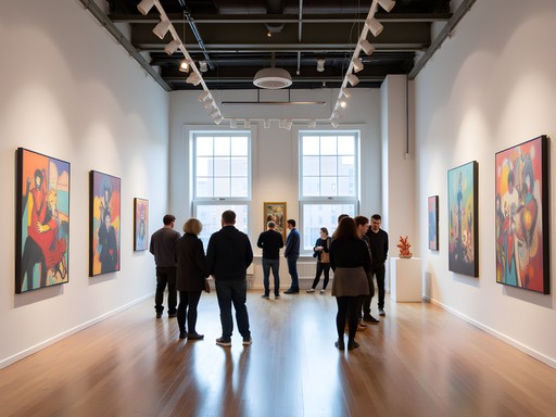 Art enthusiasts browsing contemporary artwork in a bright, modern Third Ward gallery space