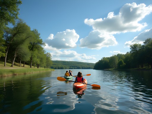 Family kayaking on Lake Mitchell with tree-lined shores