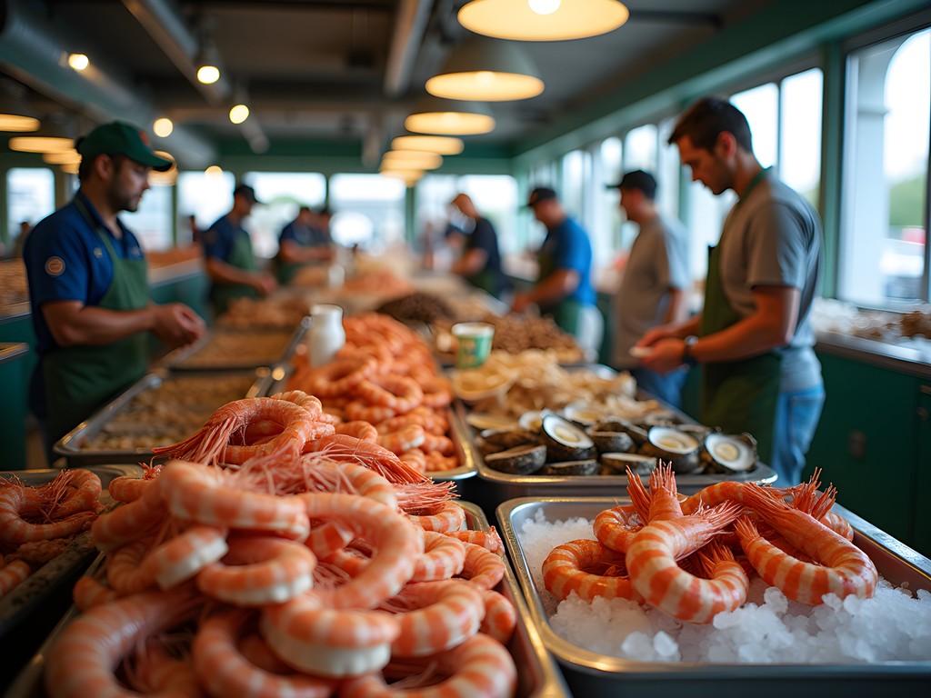 Fresh Gulf seafood display at Mobile's seafood market with local vendors and customers