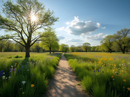 Spring wildflowers blooming along walking trail at Little River Park in Moore, Oklahoma