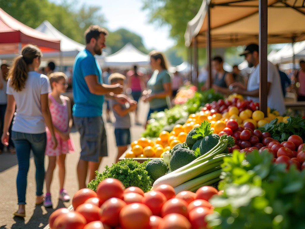 Vibrant spring produce display at Moore Farmers Market with local farmers and families shopping