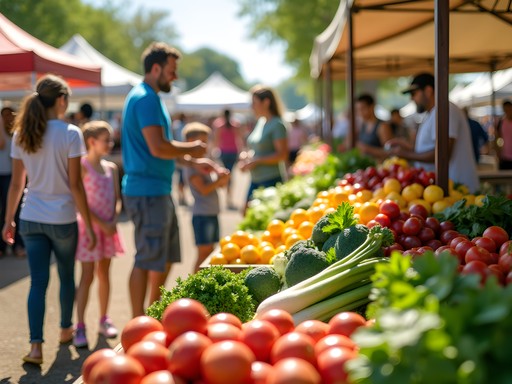 Vibrant spring produce display at Moore Farmers Market with local farmers and families shopping