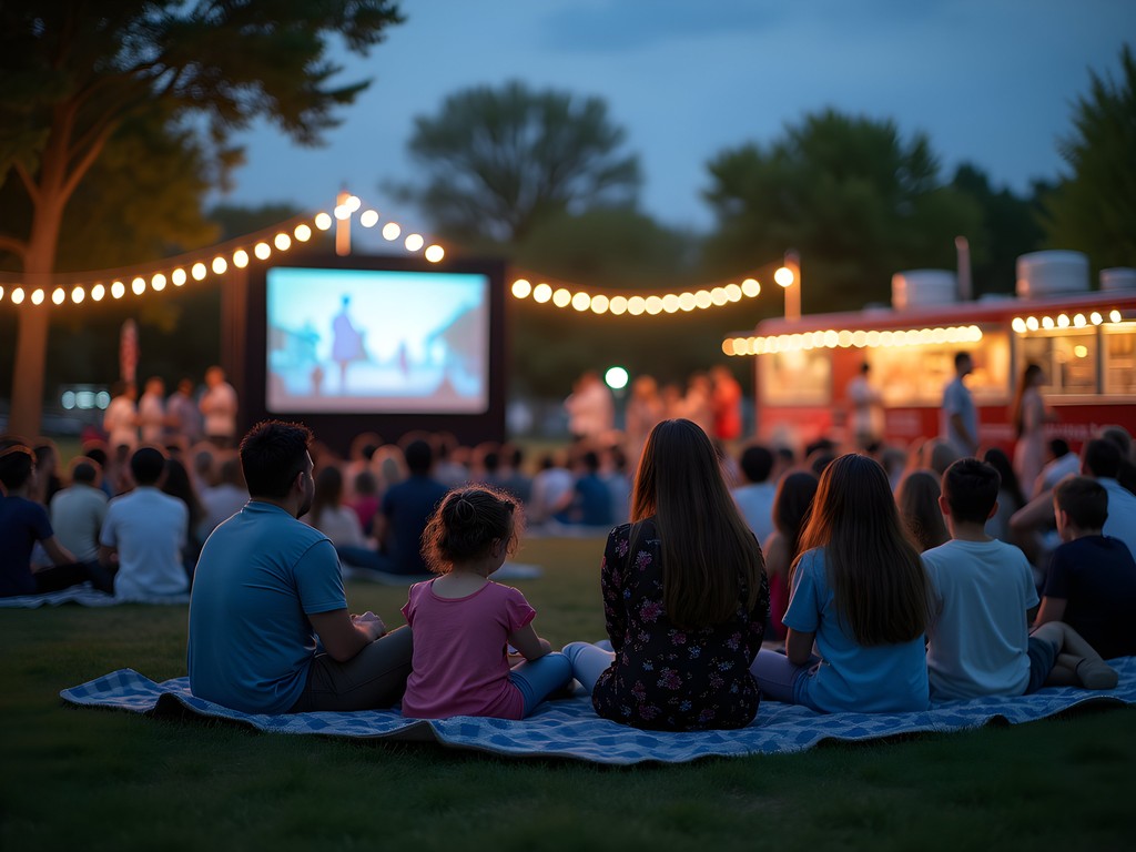 Families gathered at Moore Food & Film Festival watching outdoor movie screening at dusk with food trucks in background