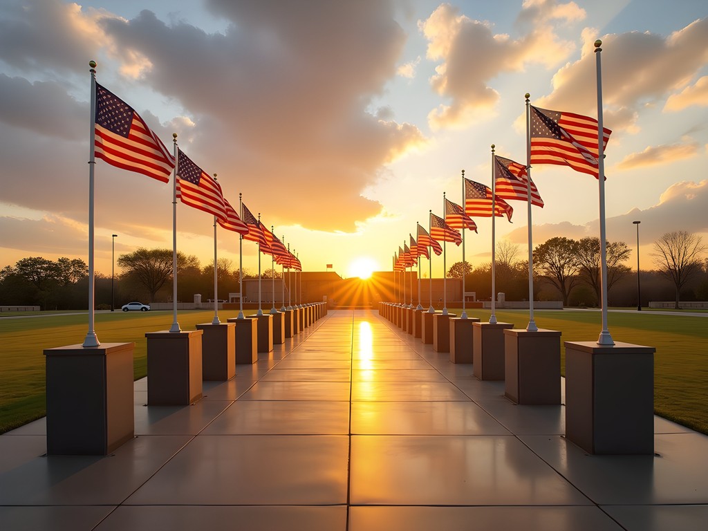Moore Veterans Memorial at sunrise with American flags gently waving in the breeze