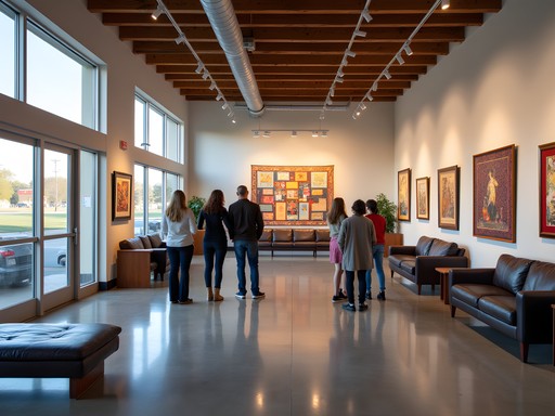 Art exhibition at The Station at Central Park in Moore featuring local artists' work and families engaging with displays