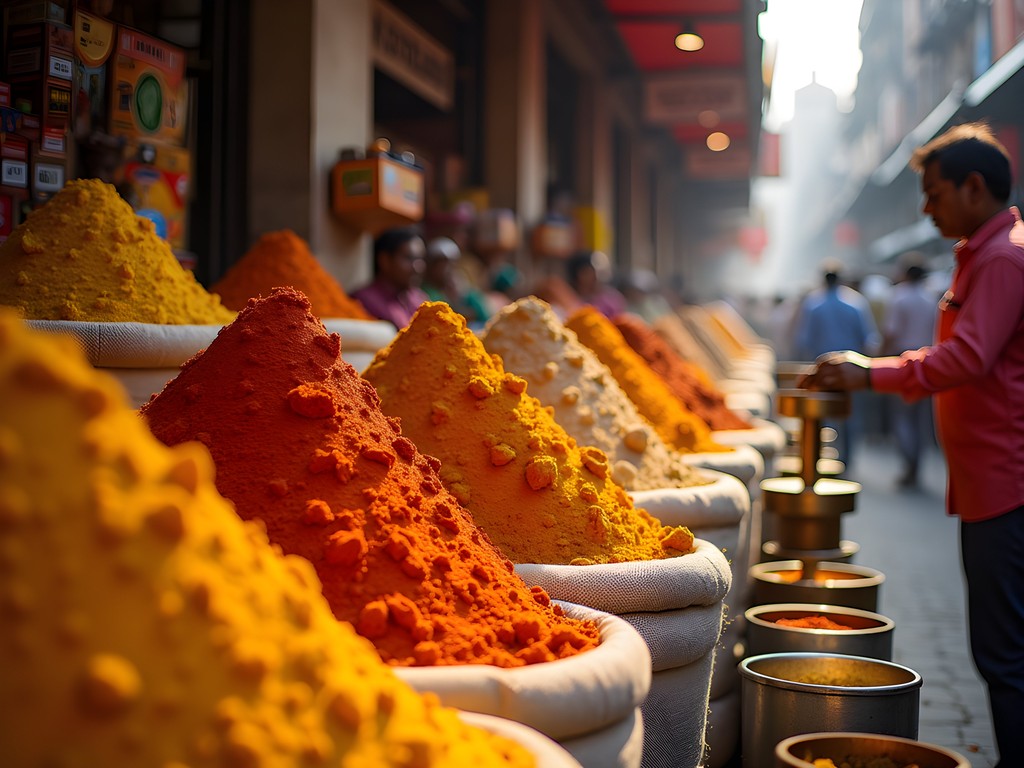 Vibrant display of colorful spices and dried fruits at Crawford Market in Mumbai