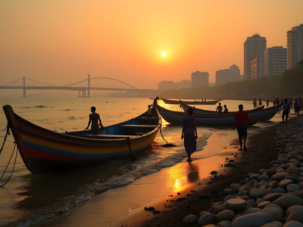 Traditional wooden fishing boats returning to Worli village at sunset with Mumbai skyline in background