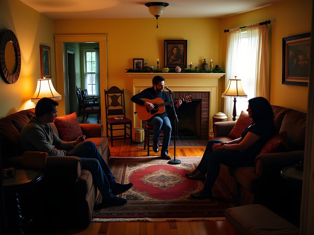 Intimate house concert performance in Nashville living room with attentive audience