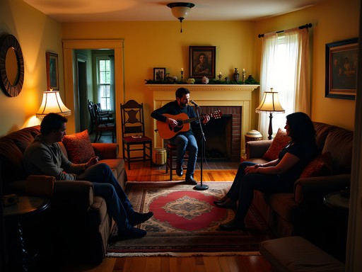 Intimate house concert performance in Nashville living room with attentive audience
